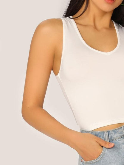 Scoop Neck Solid Fitted Tank Top - White