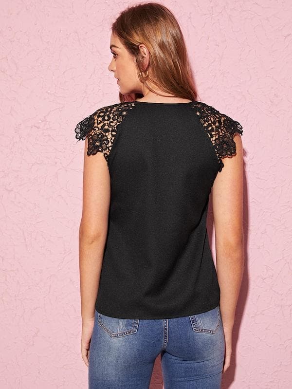 Notched Cap Sleeve V-Cut Guipure Lace Shoulder Top