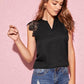 Notched Cap Sleeve V-Cut Guipure Lace Shoulder Top