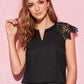 Notched Cap Sleeve V-Cut Guipure Lace Shoulder Top