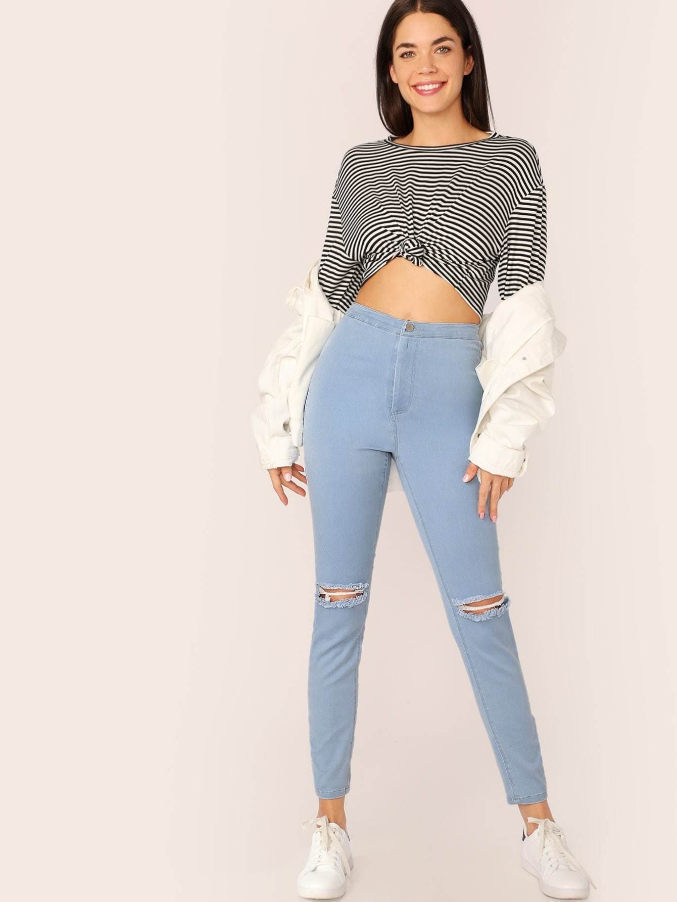 Blue Light Wash Ripped Skinny Crop Jeans