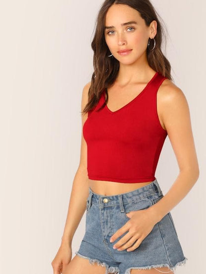 Scoop Neck Solid Fitted Tank Top - Red