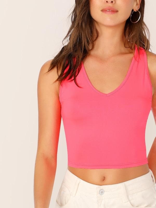 Scoop Neck Solid Fitted Tank Top - Pink