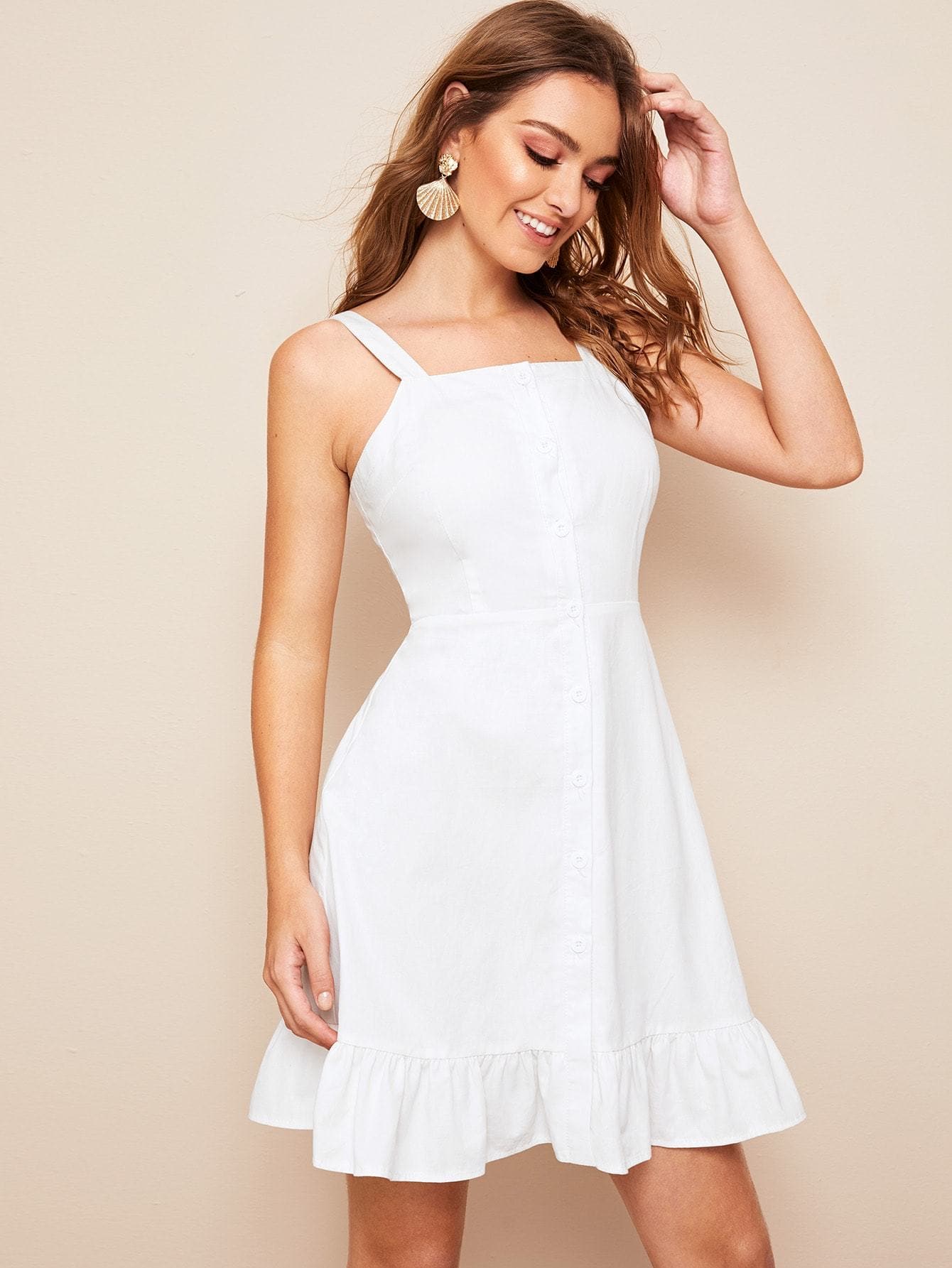 White Sleeveless High Waist Shirred Ruffle Hem Denim Dress