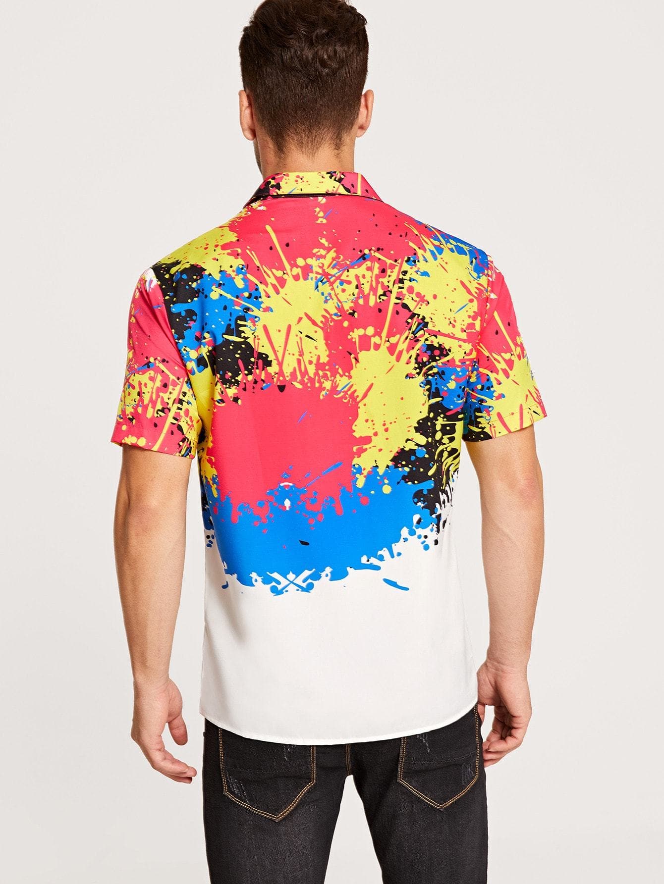 Short Sleeve Paint Splatter Pattern Button Front Shirt