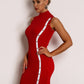 Bright Red Sleeveless Stand Collar Mock-neck Buttoned Rib-knit Pencil Dress