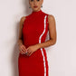 Bright Red Sleeveless Stand Collar Mock-neck Buttoned Rib-knit Pencil Dress