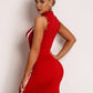 Bright Red Sleeveless Stand Collar Mock-neck Buttoned Rib-knit Pencil Dress