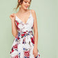 Spaghetti Strap Sleeveless Floral Print Ruffle Trim Belted Cami Short Dress