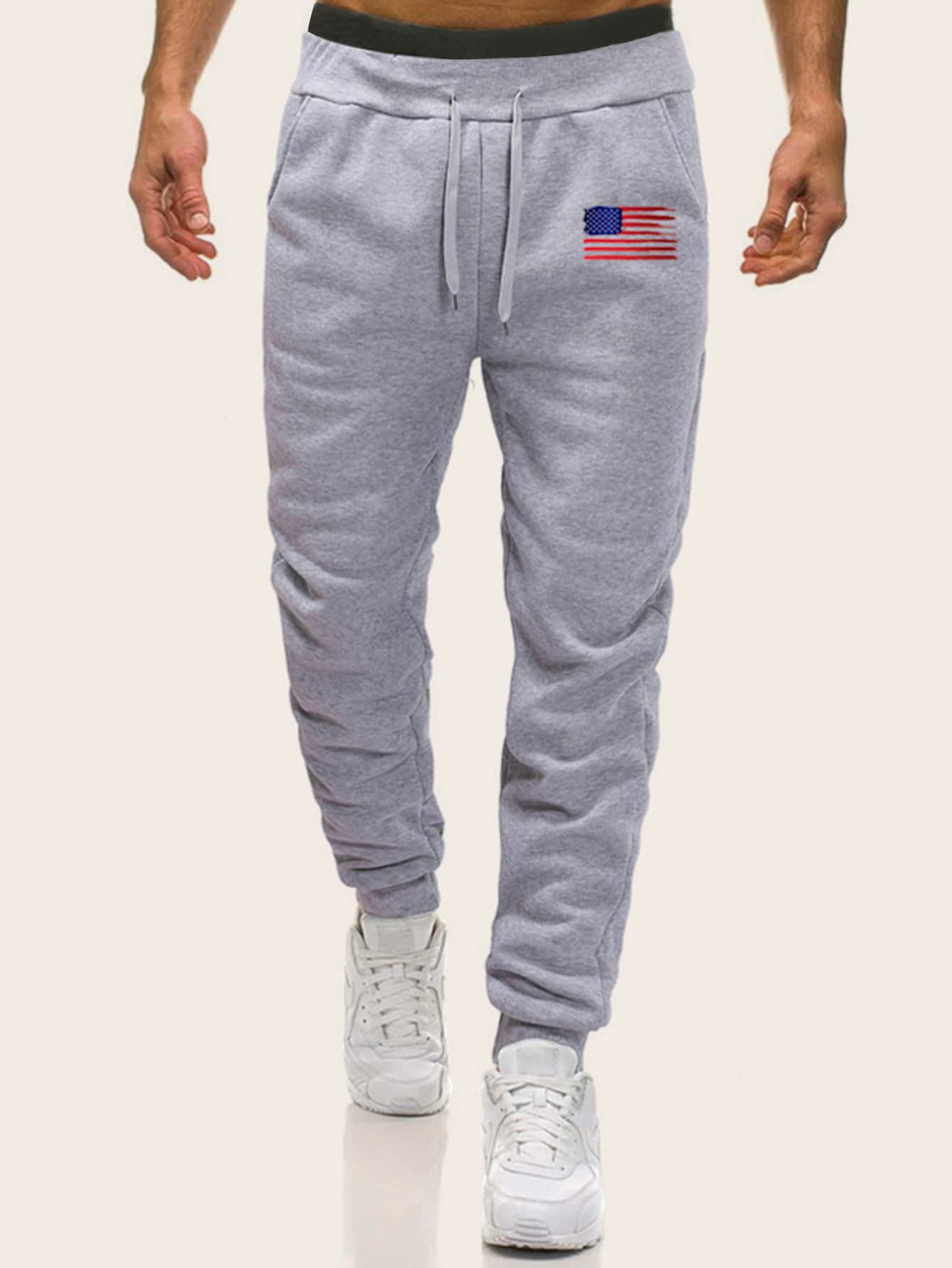Grey Striped Flag Print Drawstring Sweatpants