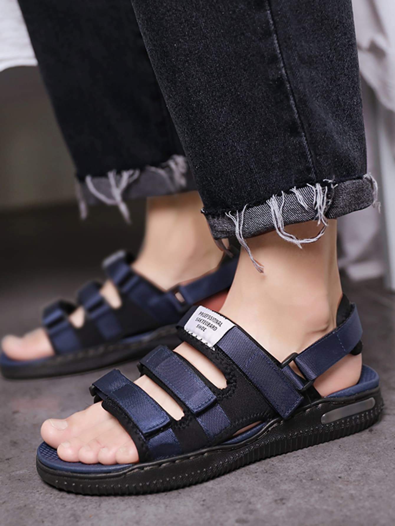 Navy Blue Hook-and-loop Straps Design Sandals