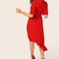Red V-Neck Short Sleeve V-Neck Button Front Split Ruffle Trim Belted Dress
