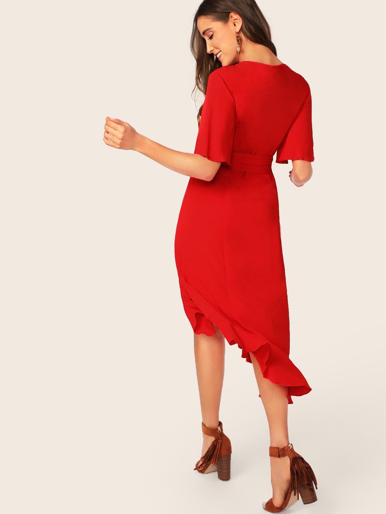 Red V-Neck Short Sleeve V-Neck Button Front Split Ruffle Trim Belted Dress