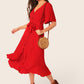Red V-Neck Short Sleeve V-Neck Button Front Split Ruffle Trim Belted Dress