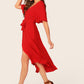 Red V-Neck Short Sleeve V-Neck Button Front Split Ruffle Trim Belted Dress