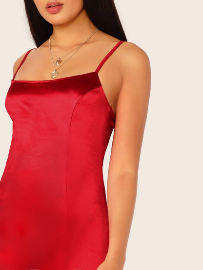 Bright Red Sleeveless Spaghetti Strap Solid Satin Mini Dress