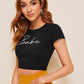 Slim Fit Cap Sleeve Round Neck Letter Print Rib-knit Crop Top