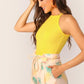 Slim Fit Rib-Knit Solid Fitted Halter Top - Yellow