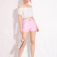 Pink Straight Leg Frill Waist Cuffed Hem Denim Shorts