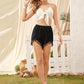 Black Elastic Waist Straight Leg Solid Tassel Detail Petal Hem Shorts