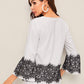 Grey Round Neck Long Sleeve Striped Print Contrast Lace Blouse Top