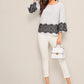 Grey Round Neck Long Sleeve Striped Print Contrast Lace Blouse Top
