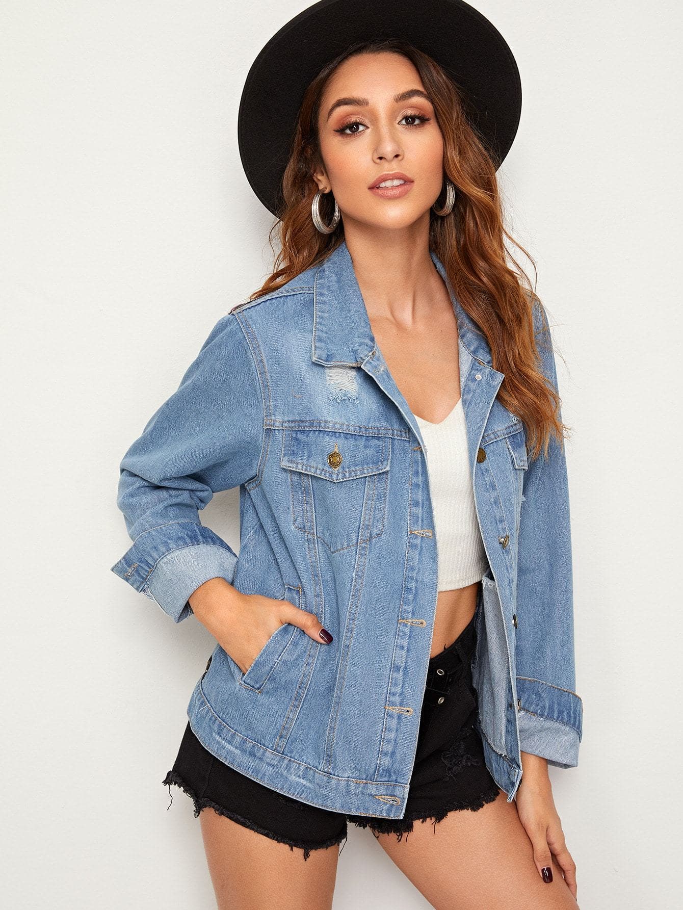 Single Breasted Long Sleeve Ripped Embroidered Back Denim Jacket
