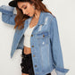 Single Breasted Long Sleeve Ripped Embroidered Back Denim Jacket