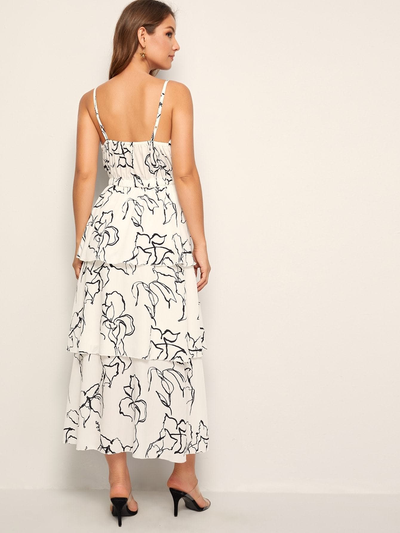 White Spaghetti Strap Sleeveless Abstract Print Tiered Layer Cami Dress