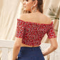 Red Short Sleeve Off Shoulder Ditsy Floral Lace Up Shirred Bardot Crop Top