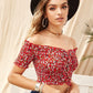 Red Short Sleeve Off Shoulder Ditsy Floral Lace Up Shirred Bardot Crop Top