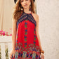 Bright Red Sleeveless Tribal Floral Print Lace Yoke Halter Dress
