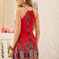 Bright Red Sleeveless Tribal Floral Print Lace Yoke Halter Dress