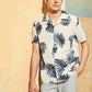 Button Fron Notched Collar Tropical Jungle Leaf Print Shirt