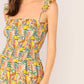 Tropical Print Shirred Bodice Wide Leg Tropical Sleeveless Jumpsuit