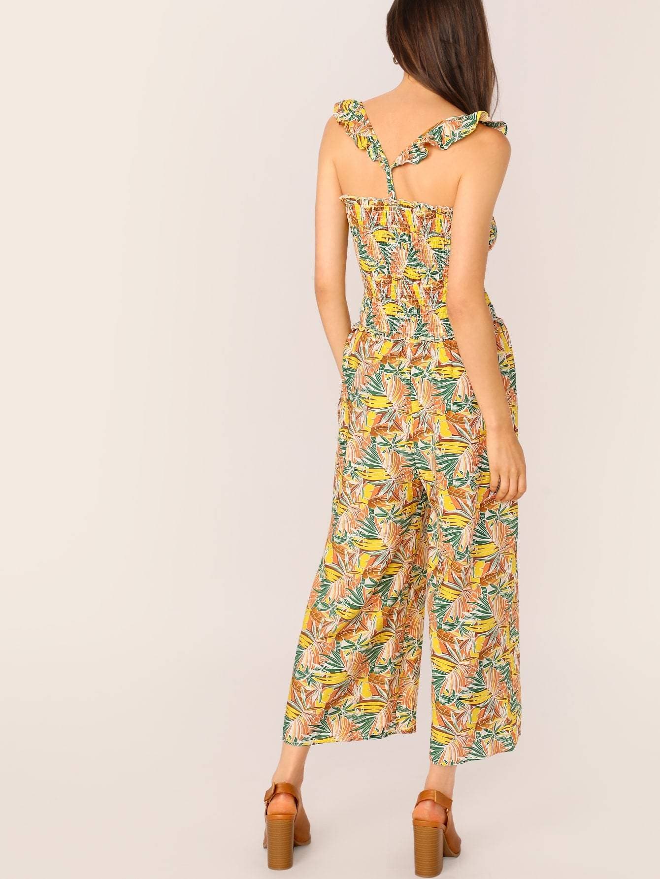 Tropical Print Shirred Bodice Wide Leg Tropical Sleeveless Jumpsuit