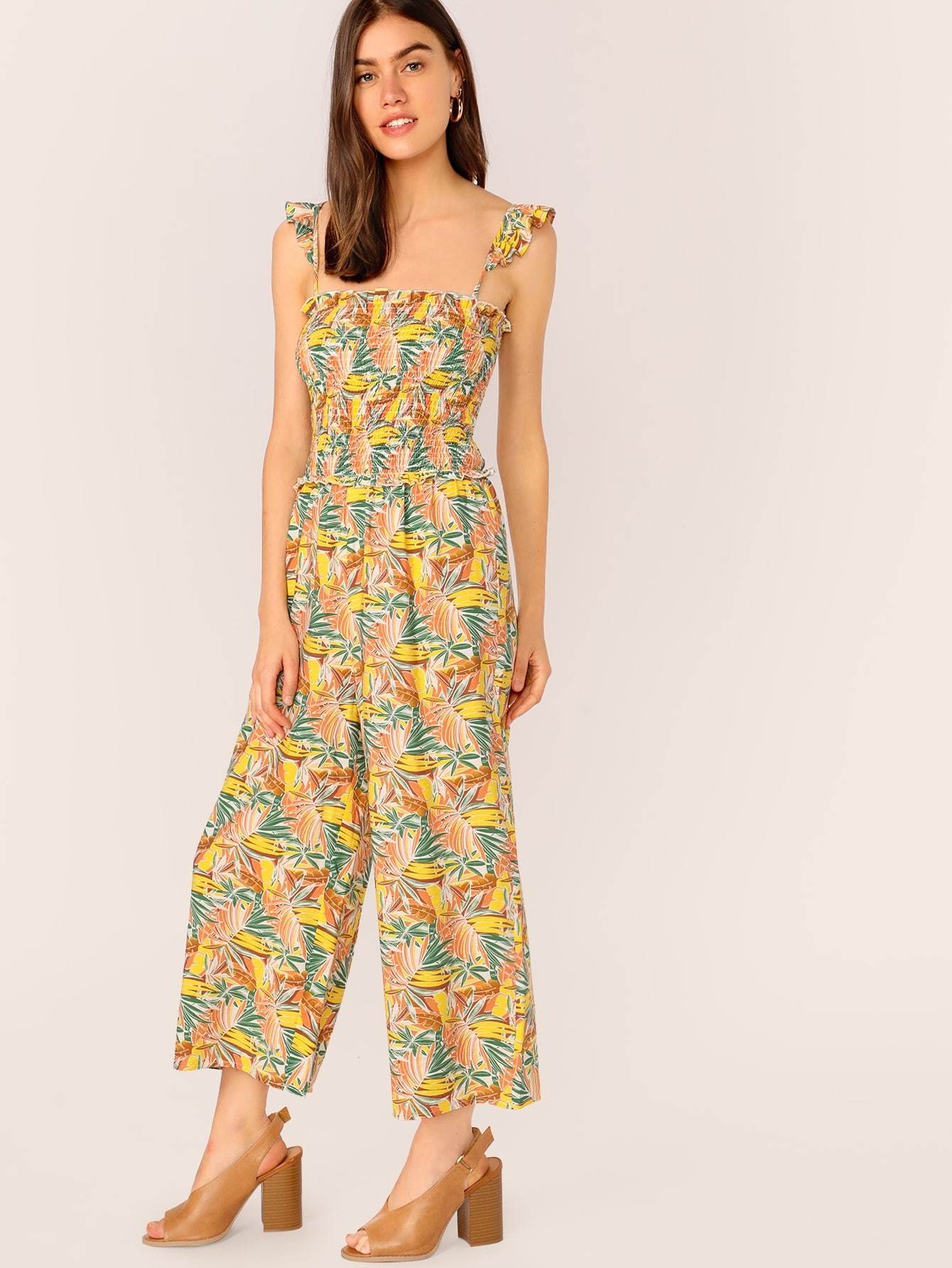 Tropical Print Shirred Bodice Wide Leg Tropical Sleeveless Jumpsuit