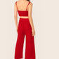 Red Spaghetti Strap Sleeveless Shirred Back Ruched Cami Crop Top & Palazzo Pants Set