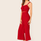 Red Spaghetti Strap Sleeveless Shirred Back Ruched Cami Crop Top & Palazzo Pants Set