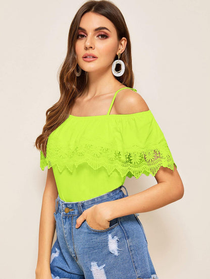 Spaghetti Strap Cold Shoulder Guipure Lace Trim Top