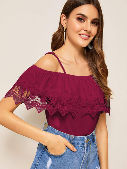 Spaghetti Strap Cold Shoulder Guipure Lace Trim Top