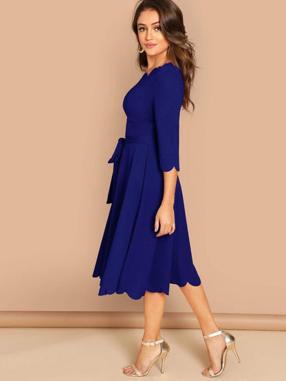 Round NeckThree Quarter Sleeve Scallop Trim  Belted Fit & Flare Dress