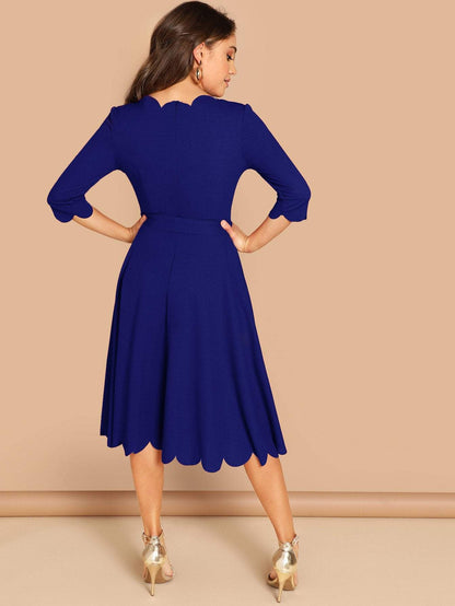 Round NeckThree Quarter Sleeve Scallop Trim  Belted Fit & Flare Dress