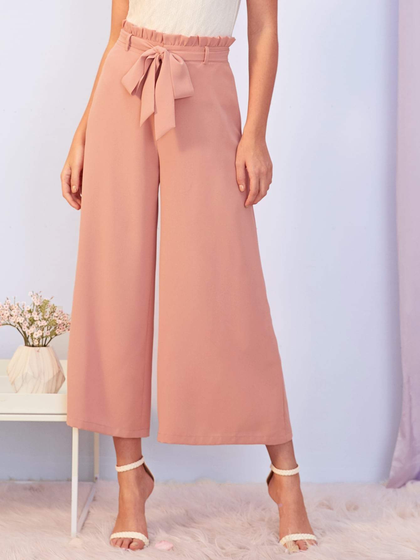 Pink Paperbag Waist Self Belted Wide Leg Crop Pants