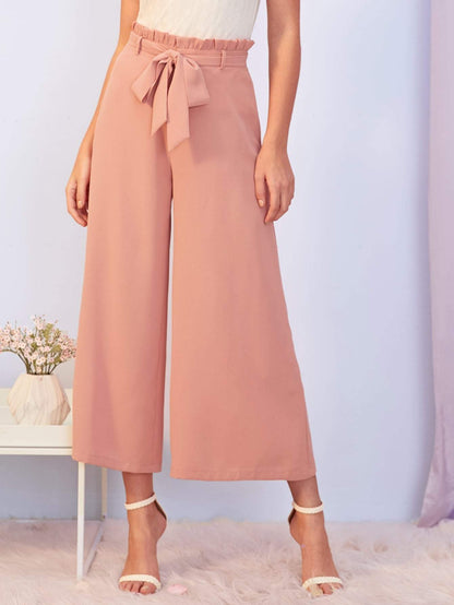 Pink Paperbag Waist Self Belted Wide Leg Crop Pants