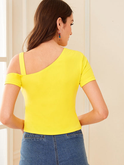 Slim Fit Short Sleeve Asymmetrical Neck Top