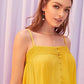 Yellow Spaghetti Strap Sleeveless Lace Trim Button Up Cami Top and Shorts Set