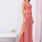 Pink One Shoulder Sleeveless Knot Front Tank Top & Split Thigh Pants Set