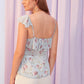 Blue Cap Sleeve Asymmetrical Neck Ruffle Trim Floral Print Swiss Dot Top