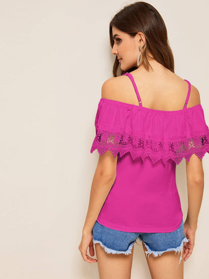 Spaghetti Strap Cold Shoulder Guipure Lace Trim Top